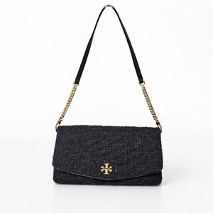 Tory Burch Black Tweed Metallic Crossbody Bag Gold Chain Logo Shoulder Bag